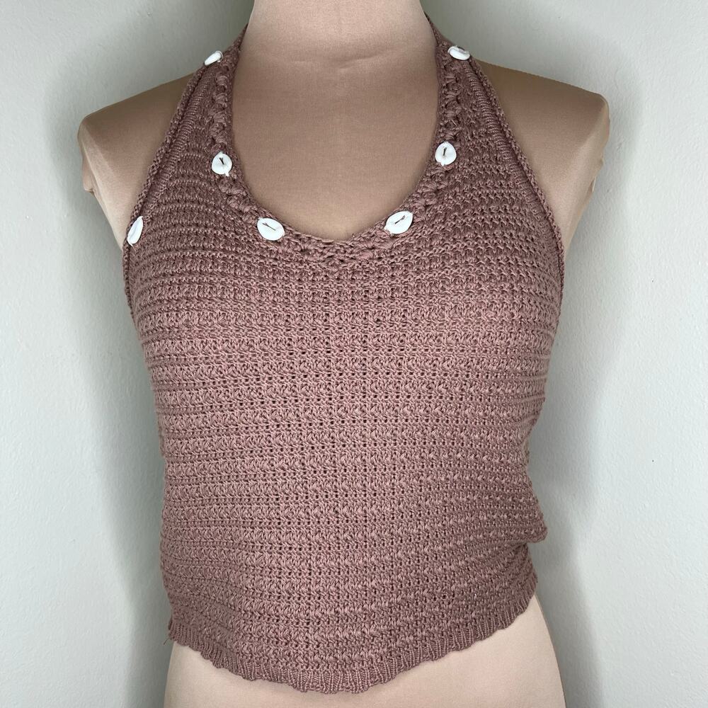 Sincerely Jules Crochet Halter Top Medium Women Brown Knit Coastal Shells Resort